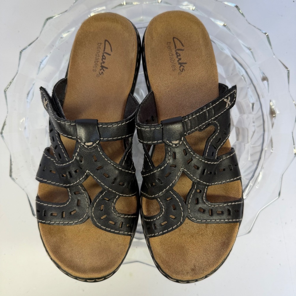 Clarks Bendables Black‎ Leather Comfort Sandals Womens Size 7M - Picture 5 of 9